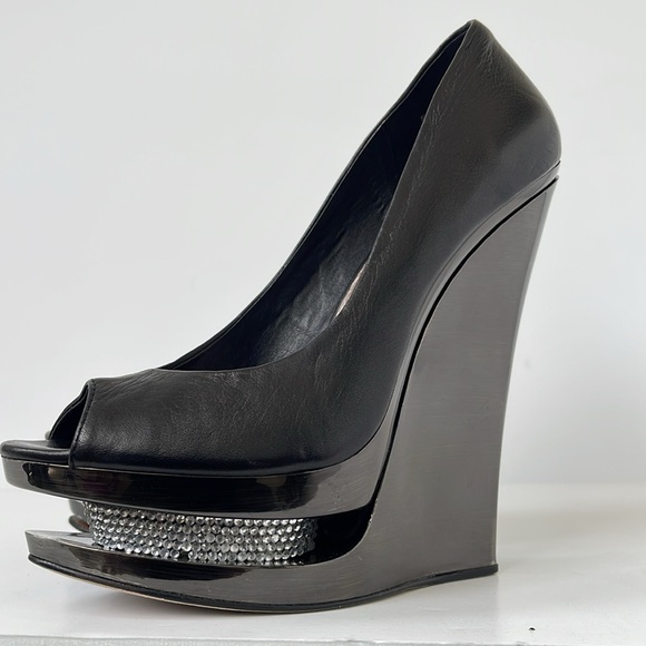 ZiGiny Black Label Peep Toe Wedge Heels Platform Shoes Leather Upper 6M Edgy - Picture 5 of 9